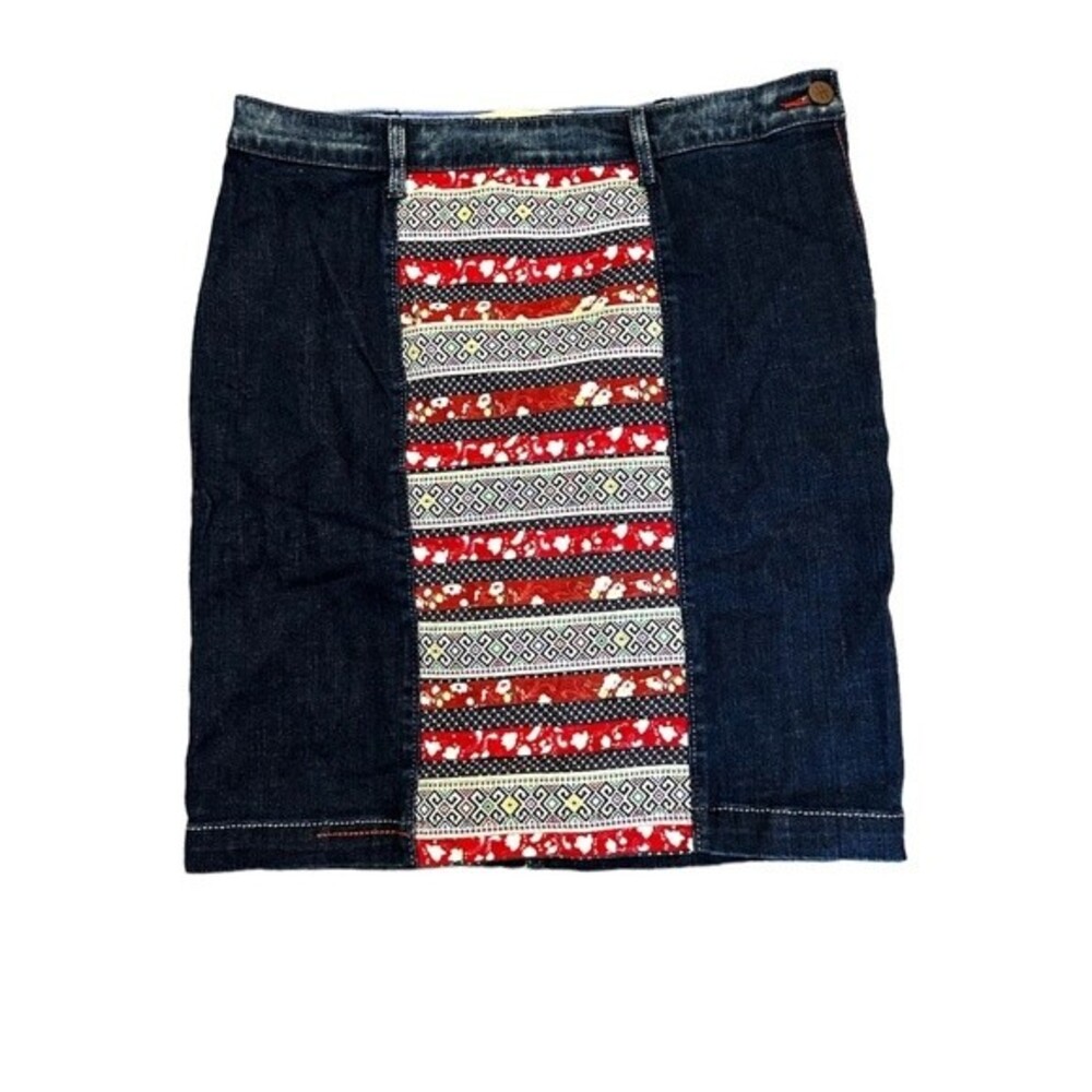 Anthropologie Holding Horses Patterned  Patch Dark Wash Denim Pencil Skirt